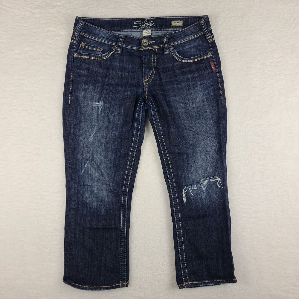Silver Jeans Womens 29 Blue Aiko Capri Distress‎ Dark Wash Denim